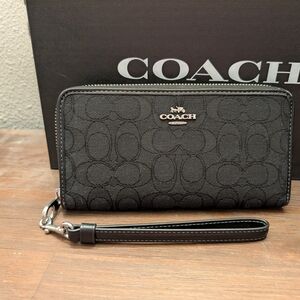 Coach Black Signature Zip Wristlet with Wrist Strap
